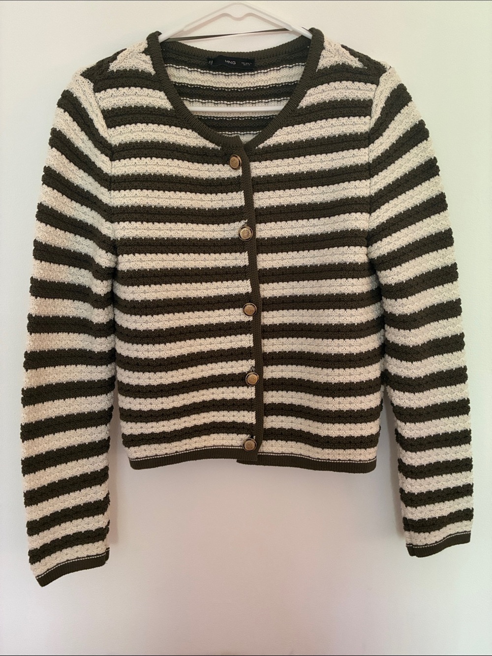Mango Striped Button-Front Cardigan in Olive & Cream
